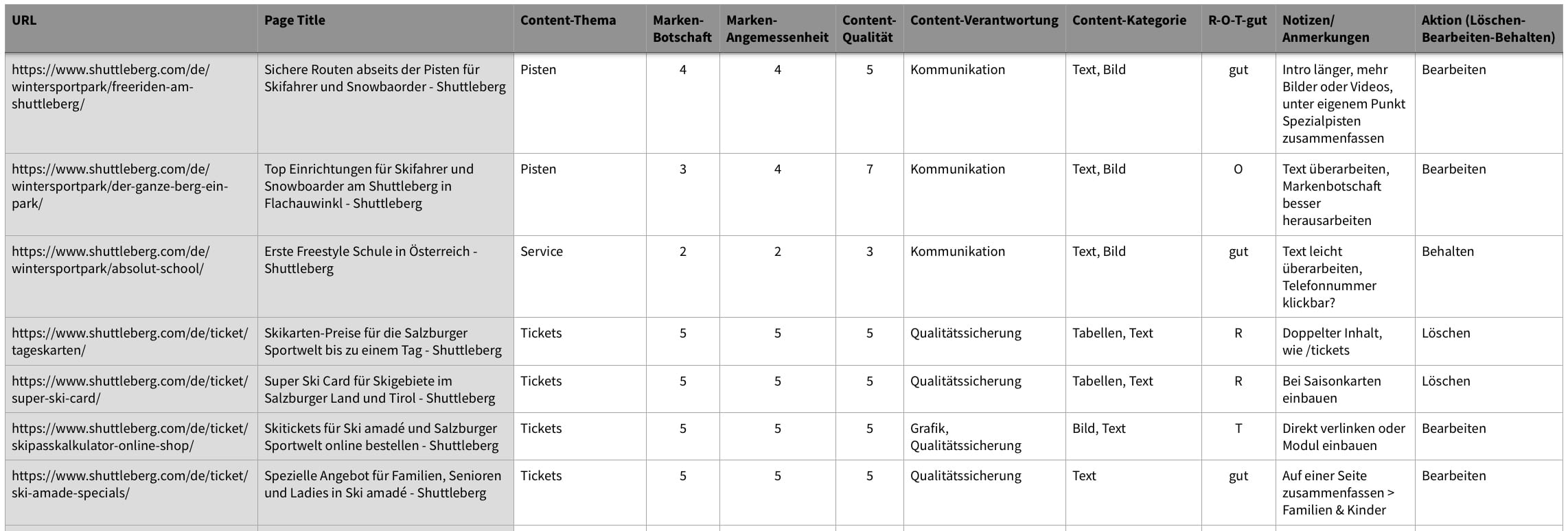 Excel-Datei des Content Audit für den Shuttleberg.